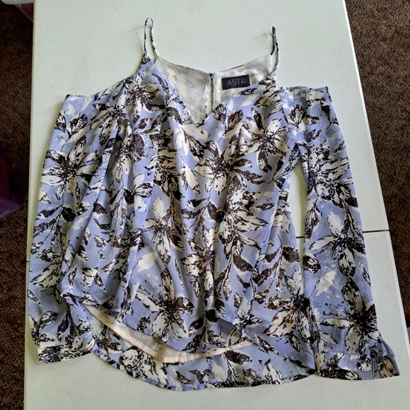 Astr Tops - Astr Blue Floral Cold Shoulder Blouse